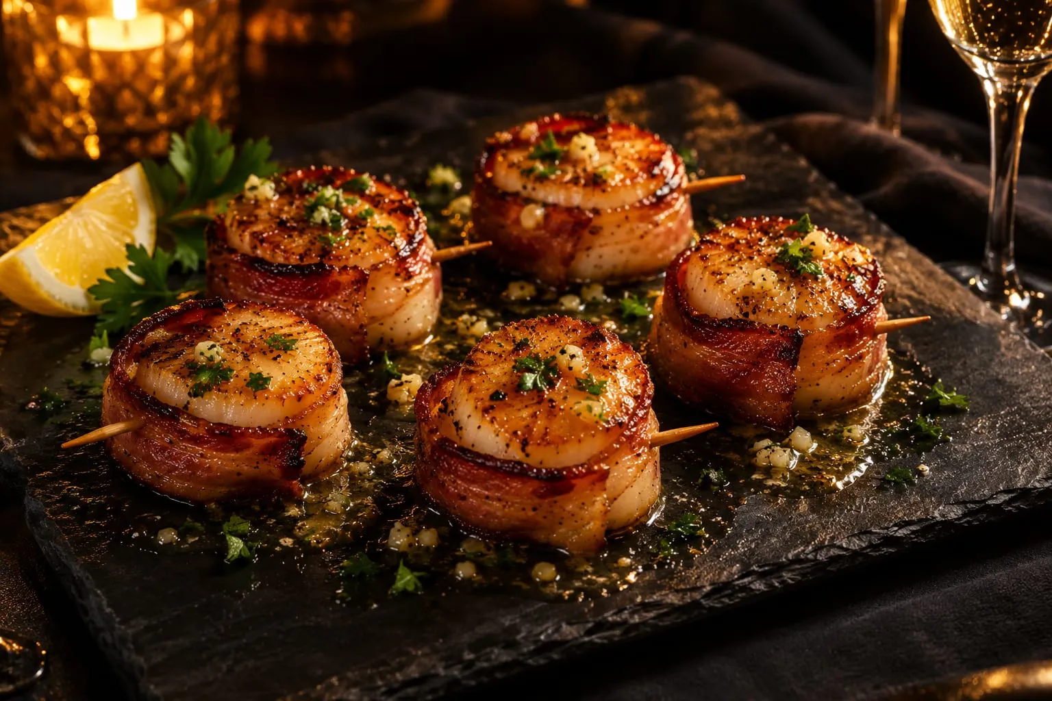 Bacon-Wrapped Scallops with Lemon-Garlic Butter