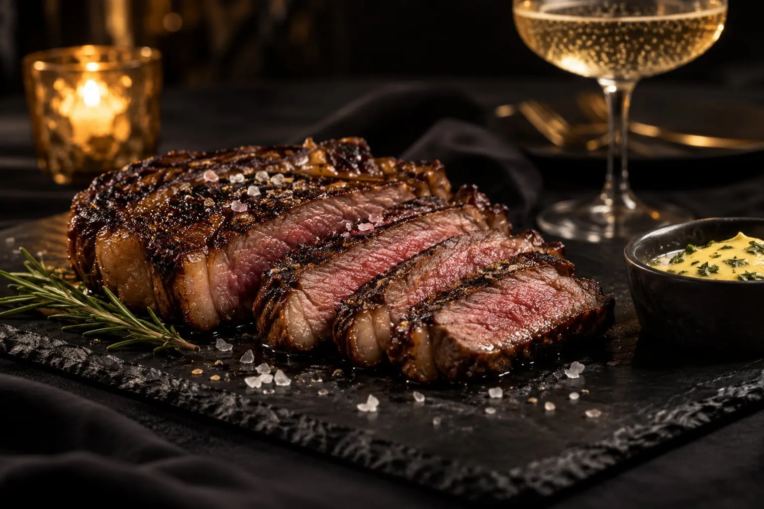 A sliced seared ribeye on black slate beside a glass of champagne