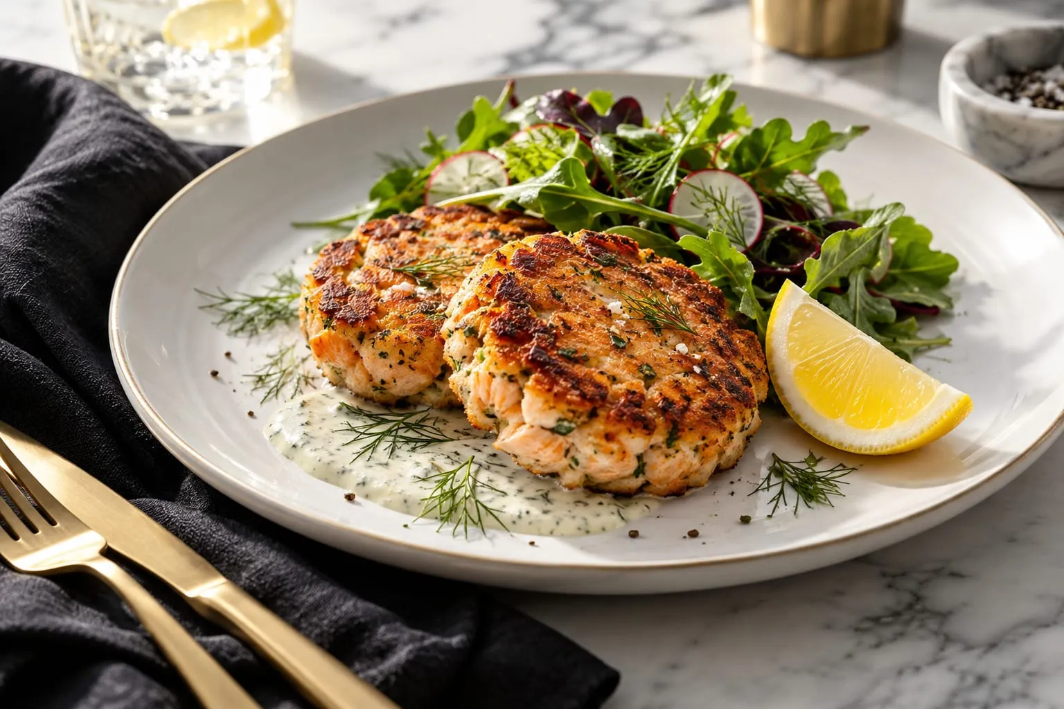 Crispy Salmon Patties with Lemon-Dill Sauce