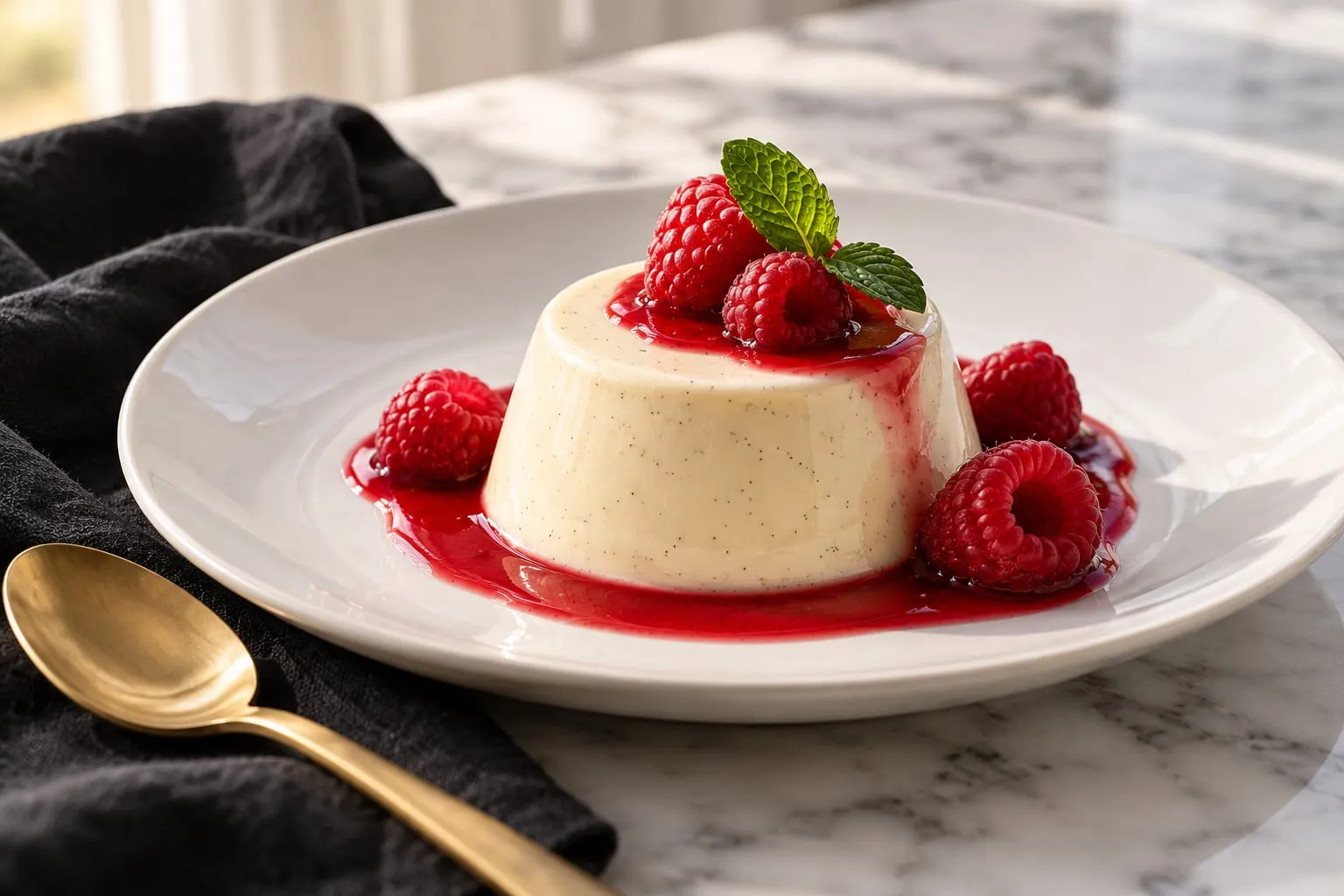 Vanilla Bean Panna Cotta with Raspberry Sauce